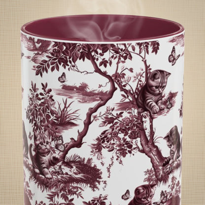 Cat & Butterfly cranberry toile 15 oz ceramic mug, front view