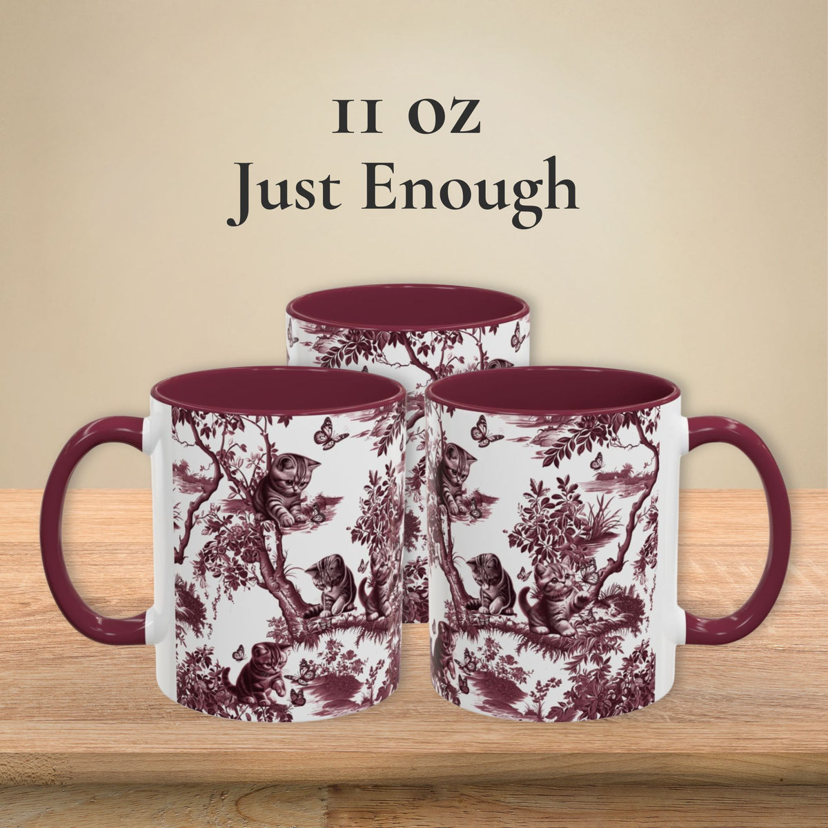 Cat & Butterfly cranberry toile 11 oz ceramic mug, left, front and right views