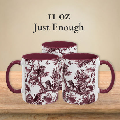 Cat & Butterfly cranberry toile 11 oz ceramic mug, left, front and right views