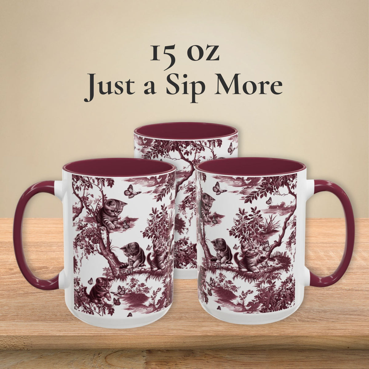 Cat & Butterfly cranberry toile 15 oz ceramic mug, left, front and right views