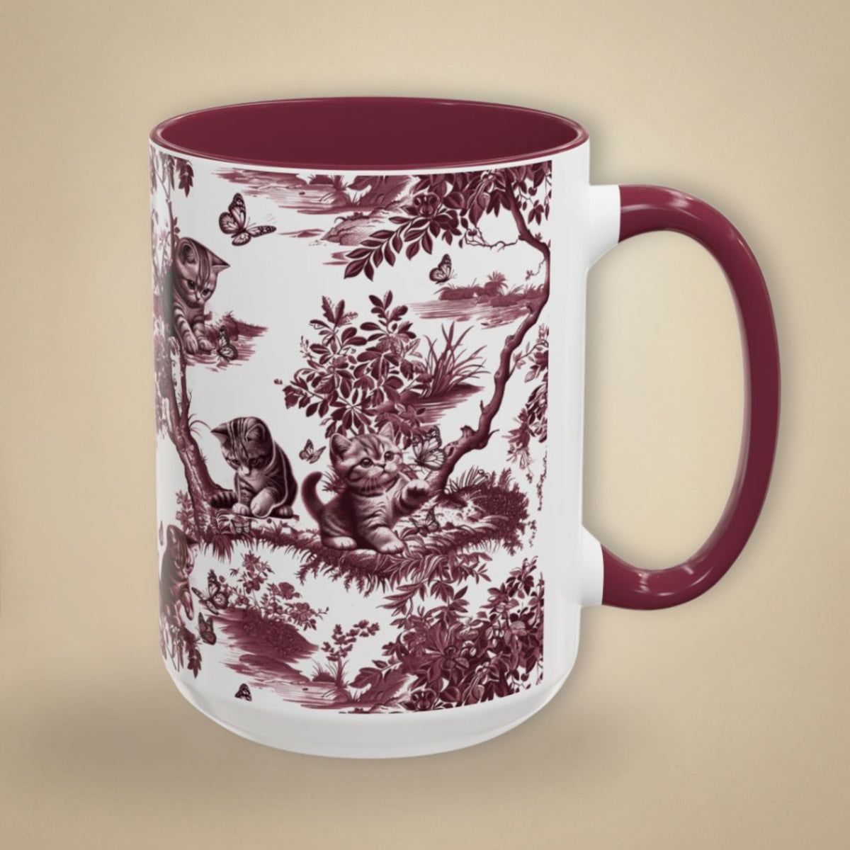 Cat & Butterfly cranberry toile 15 oz ceramic mug, right view