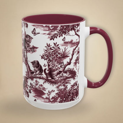 Cat & Butterfly cranberry toile 15 oz ceramic mug, right view