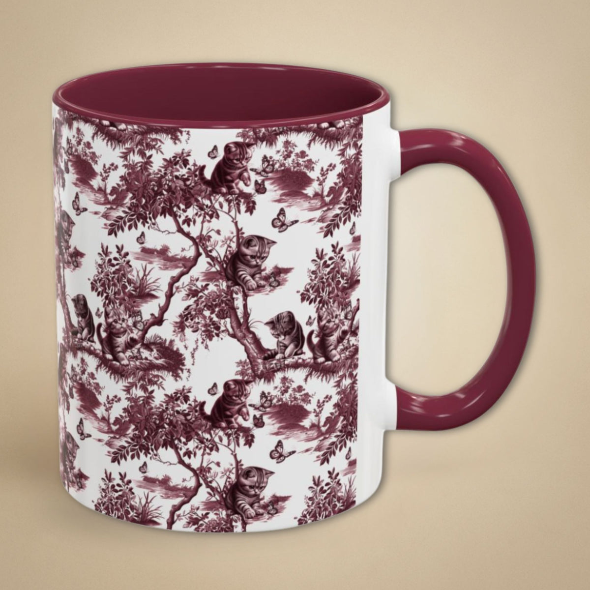 Cat & Butterfly petite cranberry toile 11 oz ceramic mug, right view