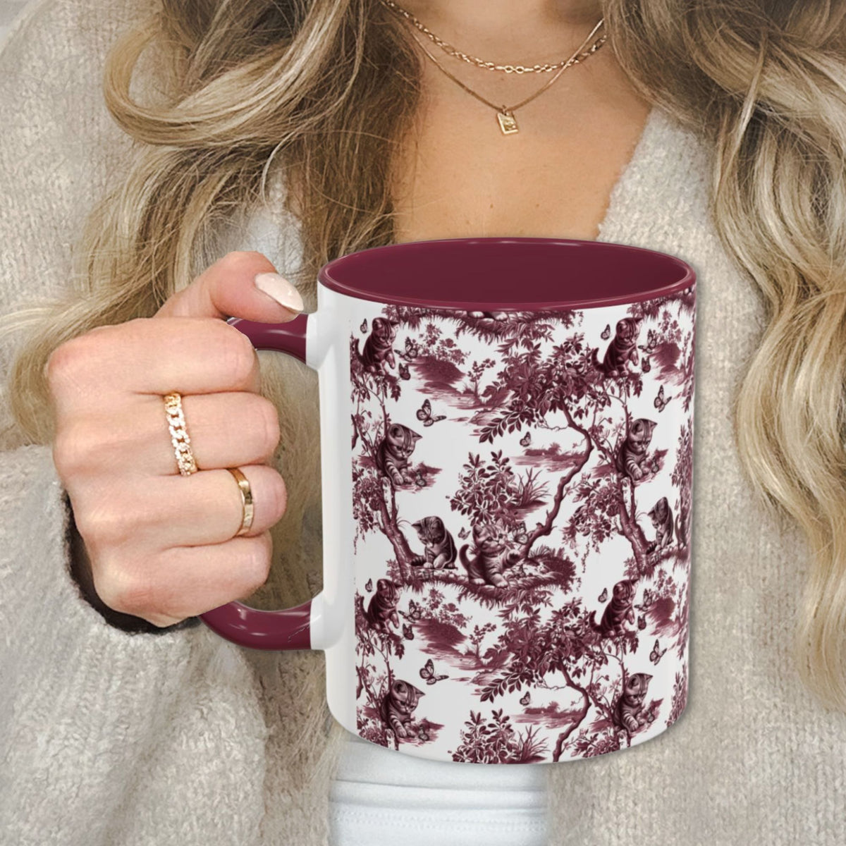 Cat & Butterfly petite cranberry toile 11 oz ceramic mug, left view