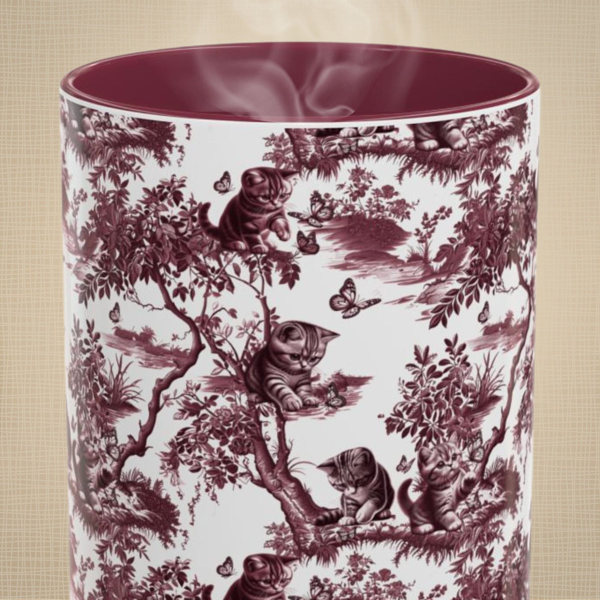 Cat & Butterfly petite cranberry toile 15 oz ceramic mug, front view