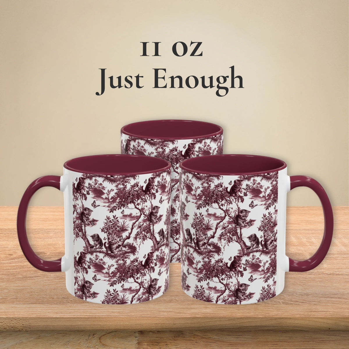 Cat & Butterfly petite cranberry toile 11 oz ceramic mug, left, front and right views