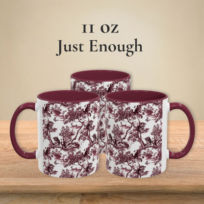 Cat & Butterfly petite cranberry toile 11 oz ceramic mug, left, front and right views