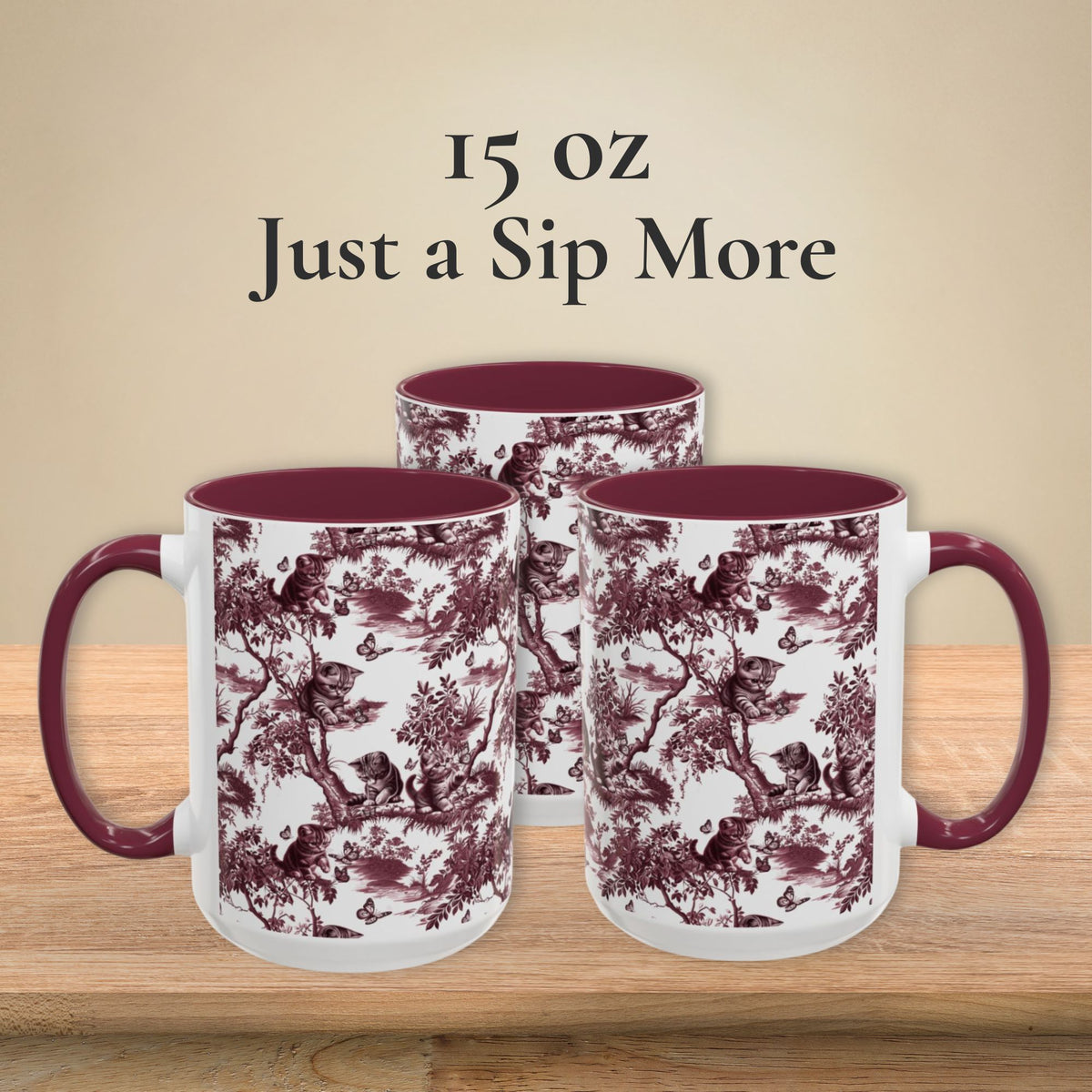 Cat & Butterfly petite cranberry toile 15 oz ceramic mug, left, front and right views