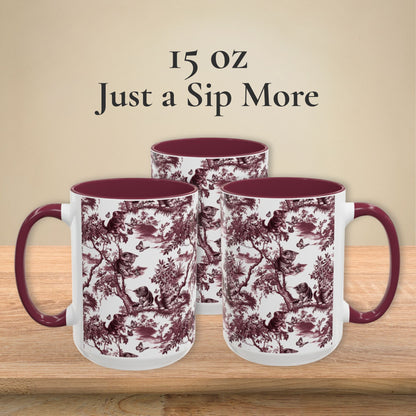 Cat & Butterfly petite cranberry toile 15 oz ceramic mug, left, front and right views