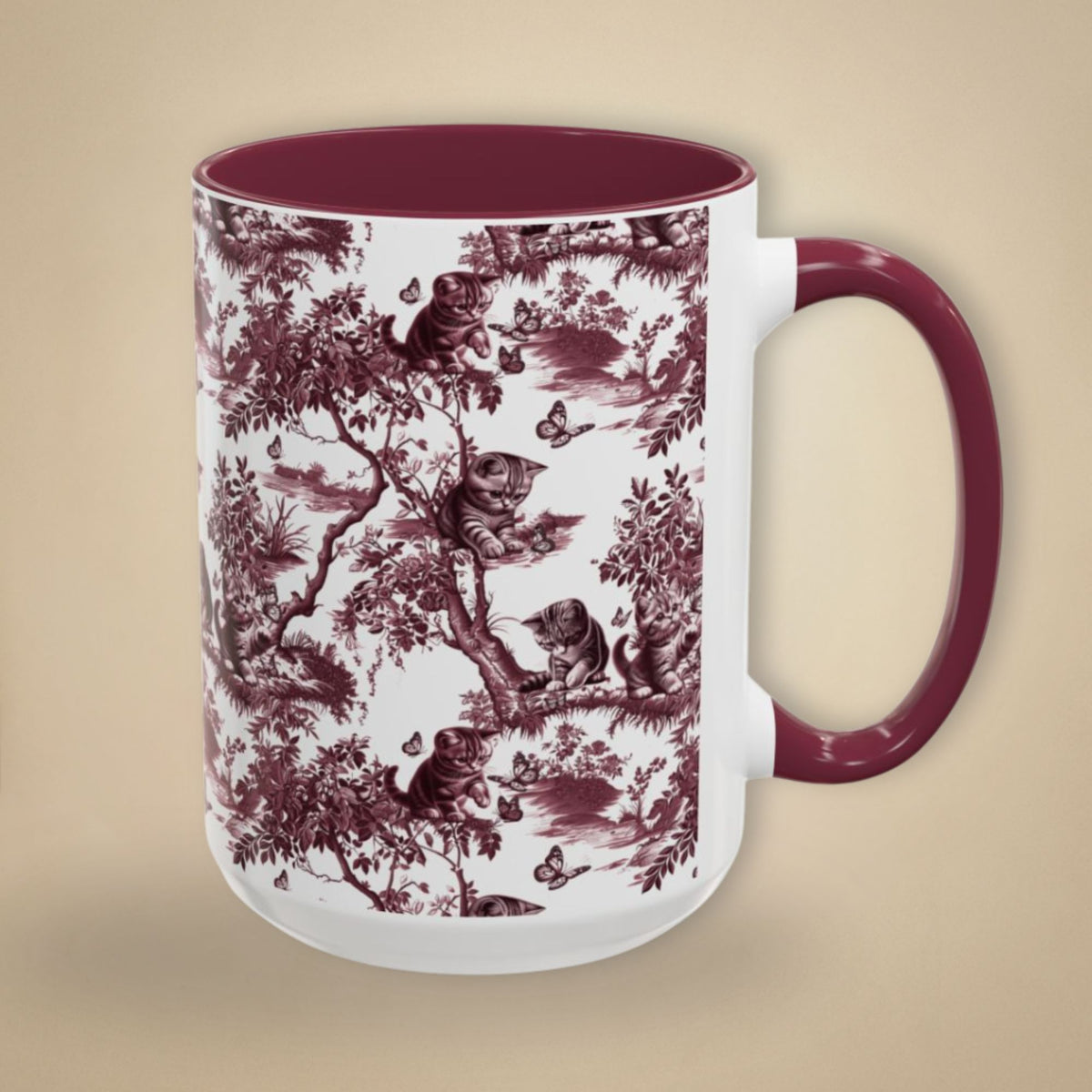 Cat & Butterfly petite cranberry toile 15 oz ceramic mug, right view