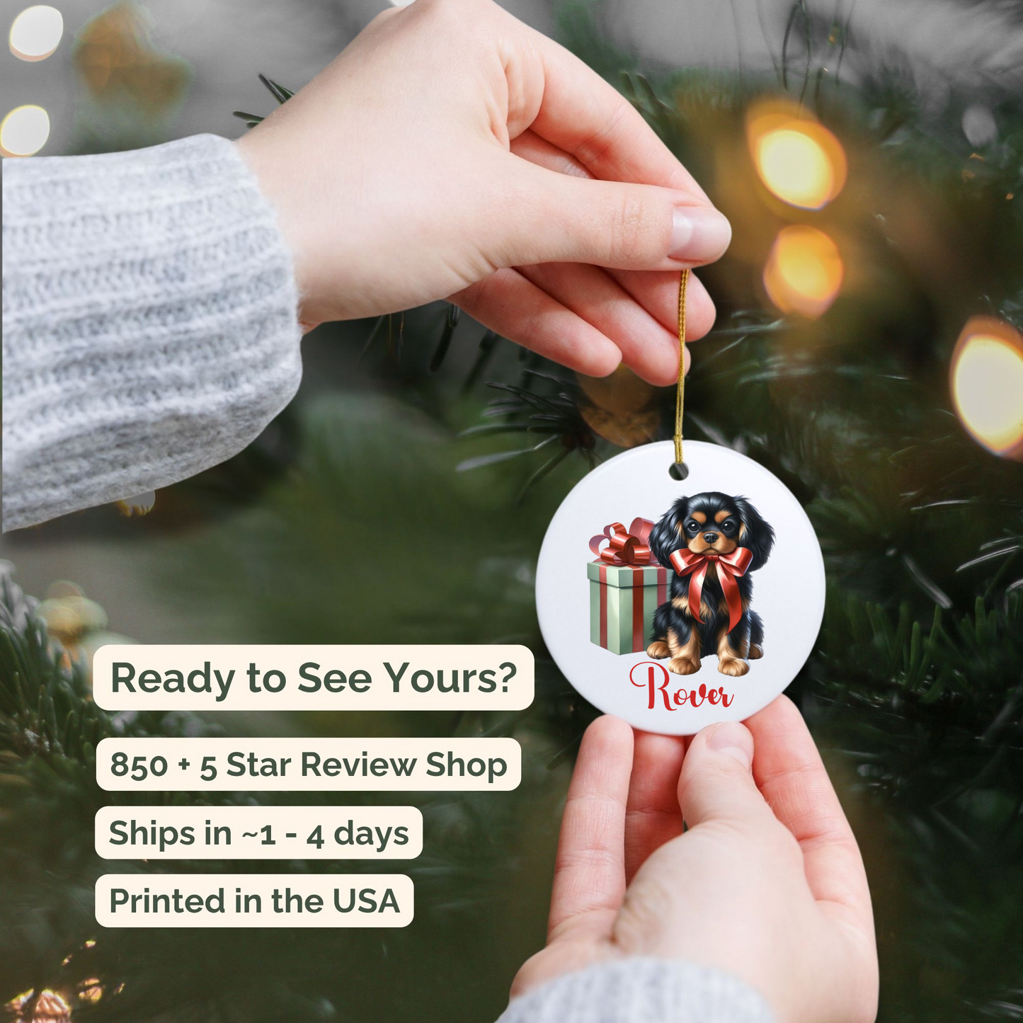 Hand holding a Christmas ornament with a Cavalier King Charles Spaniel dog design against a festive background. 850 + 5 Star Review Shop. Ships in ~ 1 to 4 days. Printed in the USA.