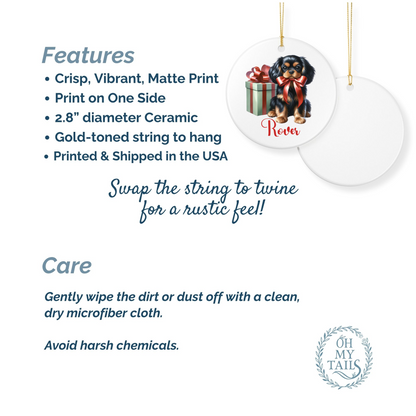 Decorative ornament with a Cavalier King Charles Spaniel dog and gift box design, featuring text about product features and care instructions.