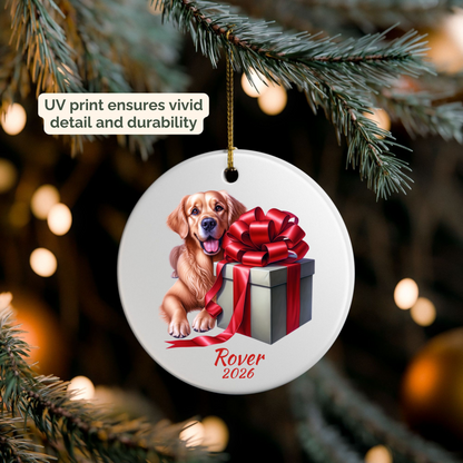 Personalized Golden Retriever ornament hanging on a lit Christmas tree