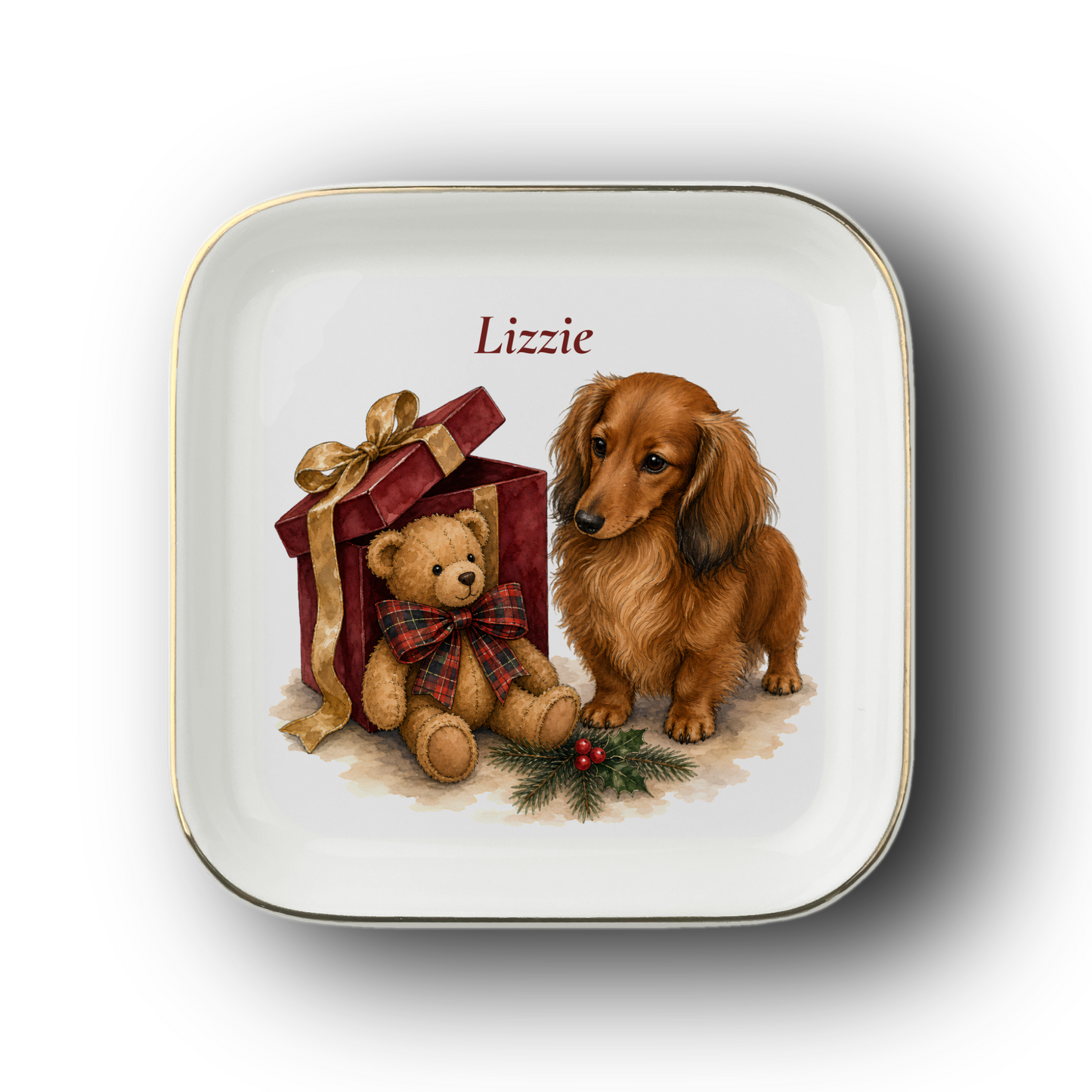 Longhaired Dachshund jewelry dish on a white background