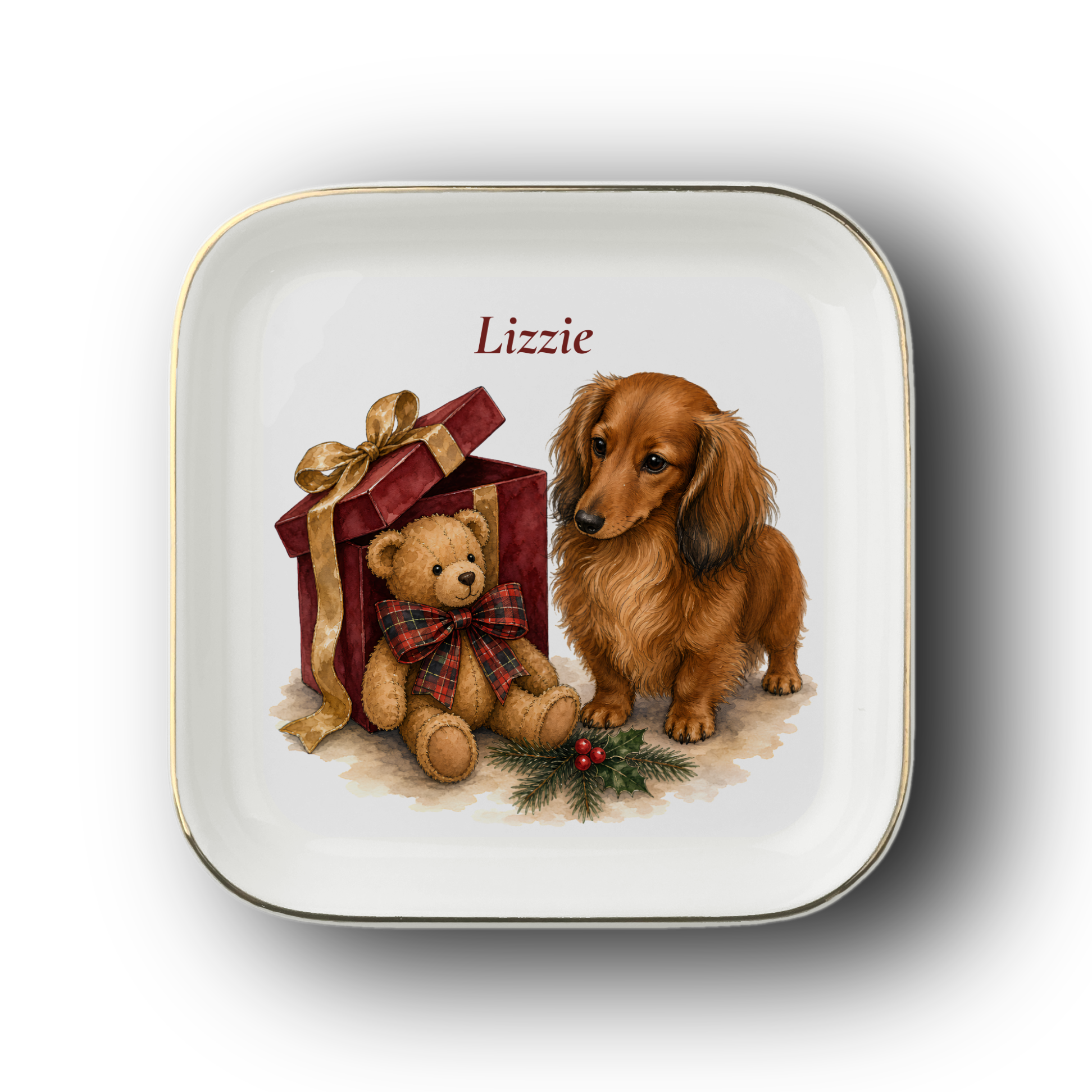 Longhaired Dachshund jewelry dish on a white background