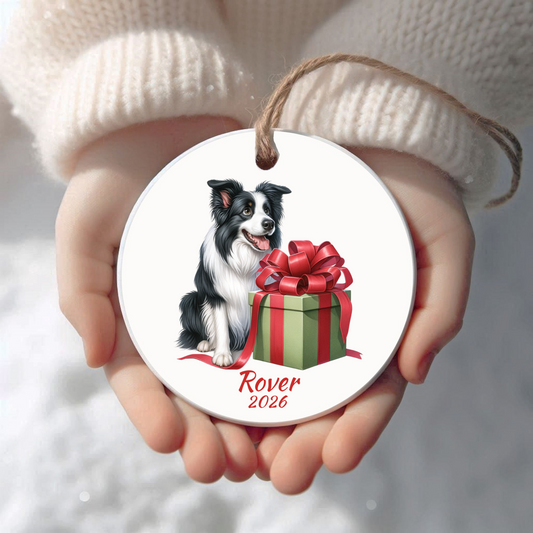 Personalized Border Collie Christmas ornament held in cupped hands