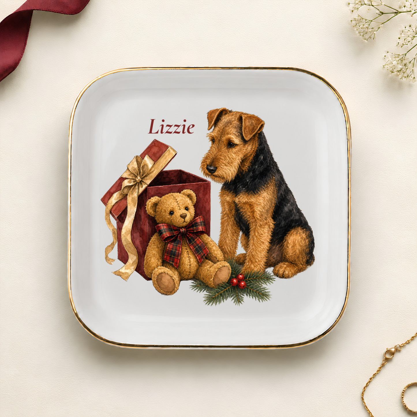 Personalized Welsh Terrier Christmas jewelry dish with gold rim