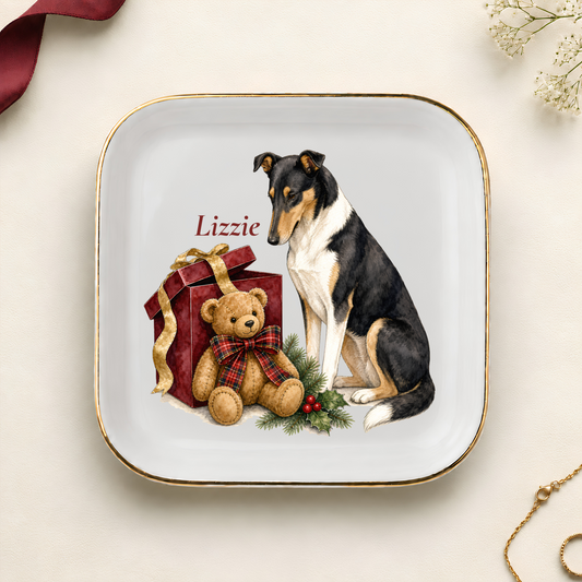 Personalized Smooth Collie Christmas jewelry dish with gold rim