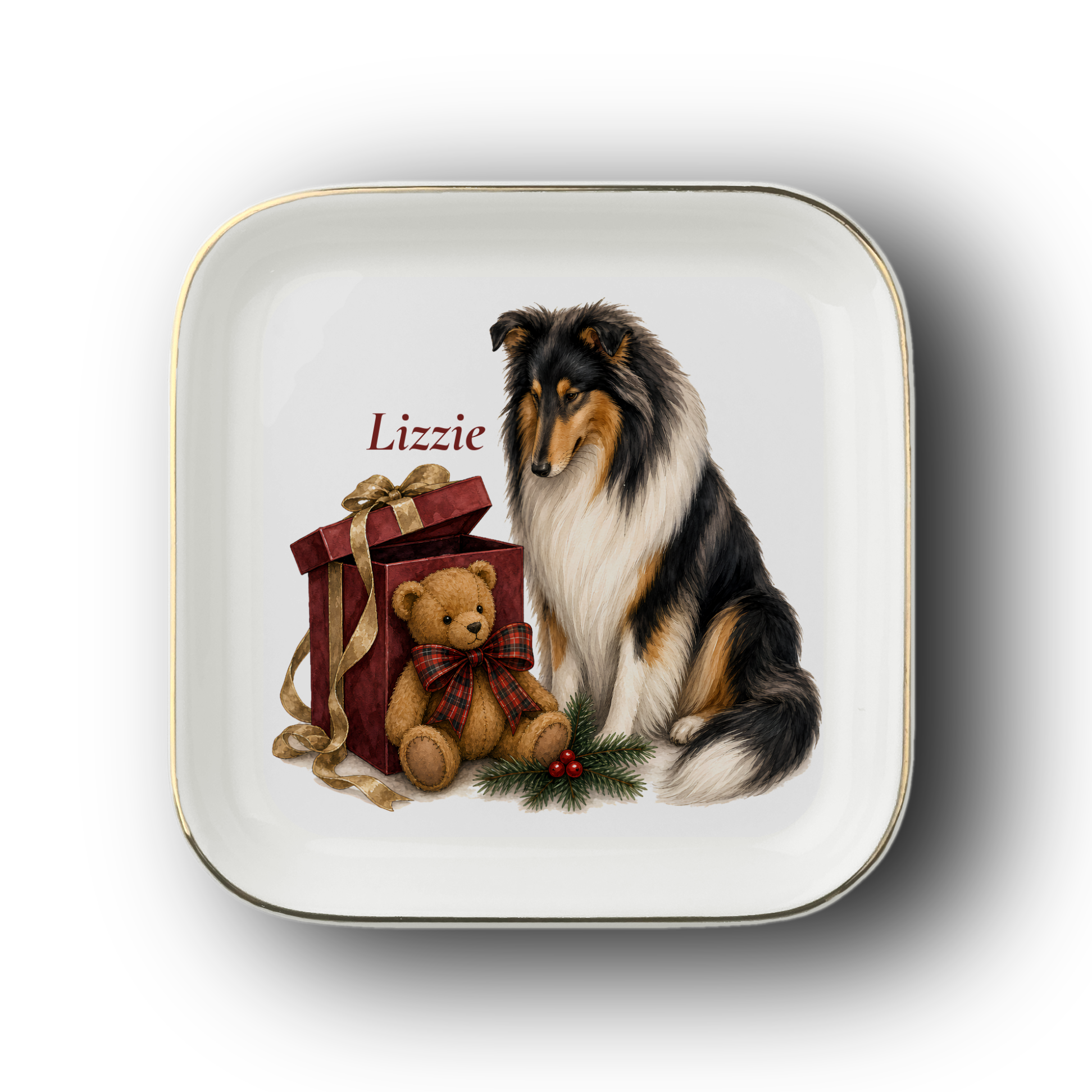 Rough Collie jewelry dish on a white background