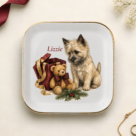 Personalized Cairn Terrier Christmas jewelry dish with gold rim