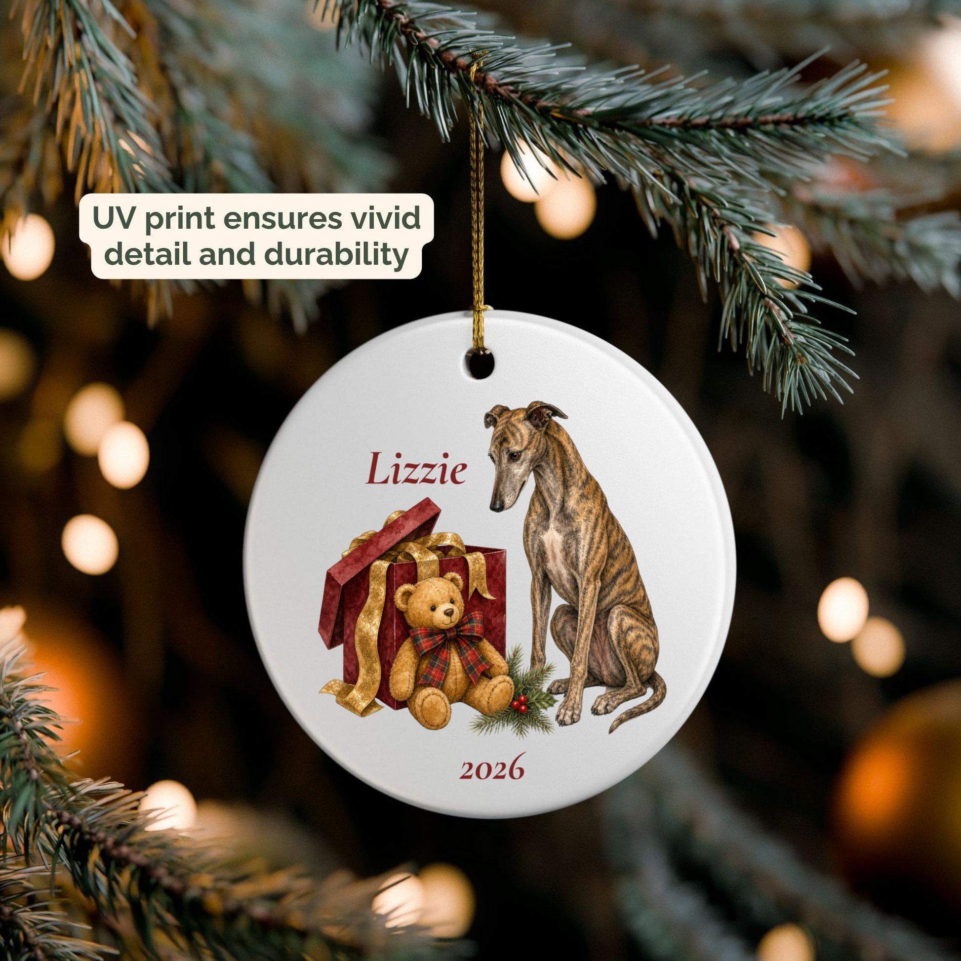 Personalized Greyhound (Brindle) ornament hanging on a lit Christmas tree