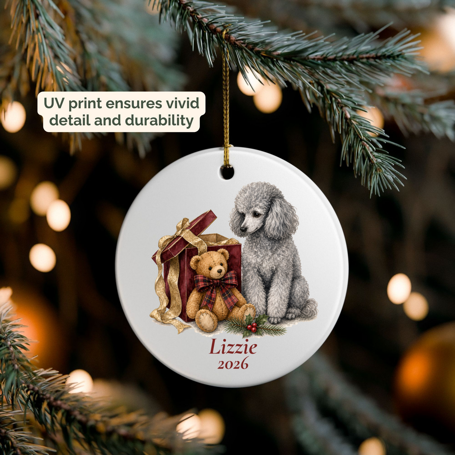 Personalized Miniature Poodle (Gray) ornament hanging on a lit Christmas tree