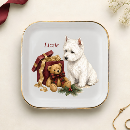 Personalized West Highland Terrier Christmas jewelry dish with gold rim