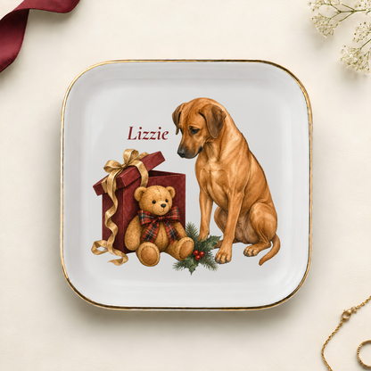 Personalized Rhodesian Ridgeback Christmas jewelry dish with gold rim