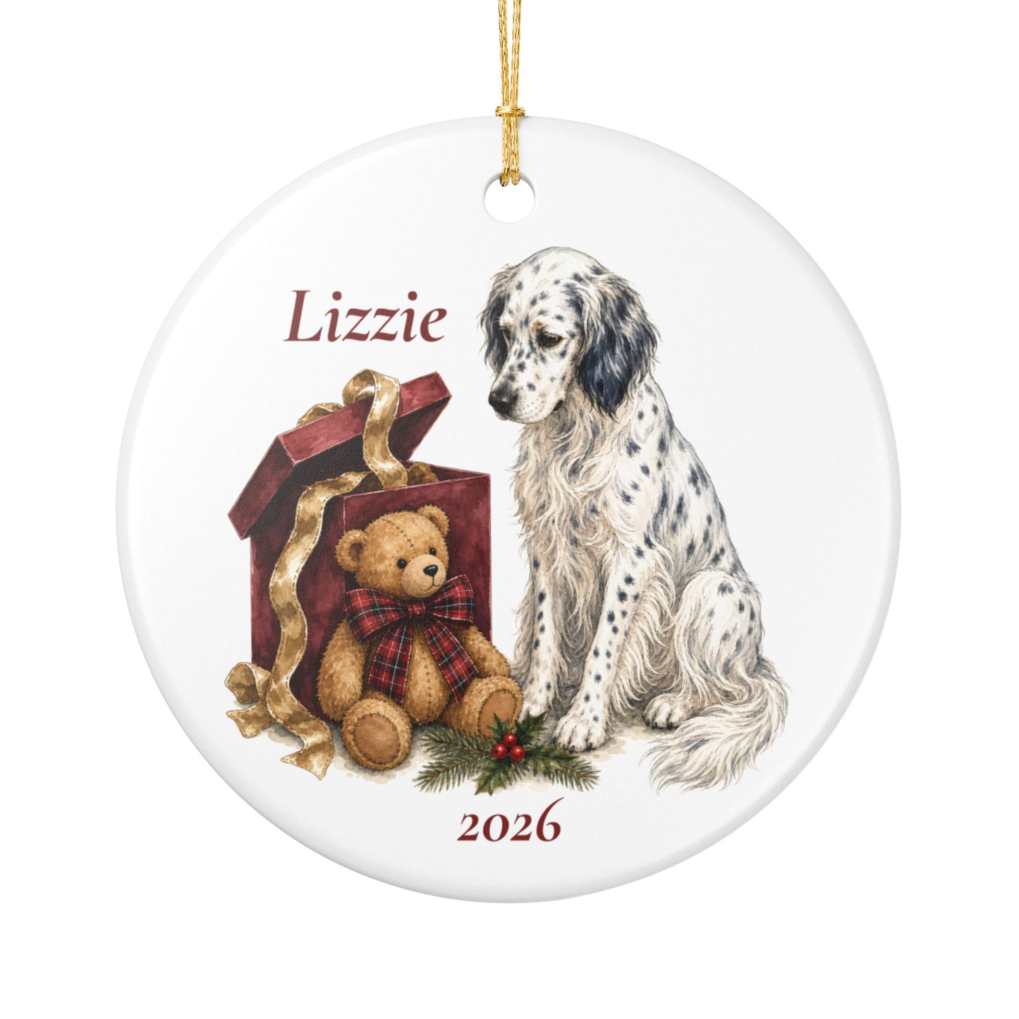 English Setter ornament shown with the white gift box option