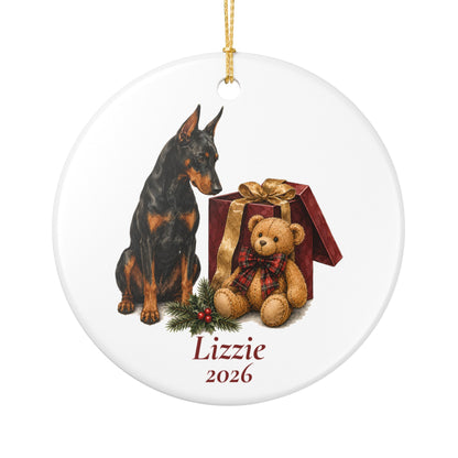 Doberman ornament shown with the gold gift box option