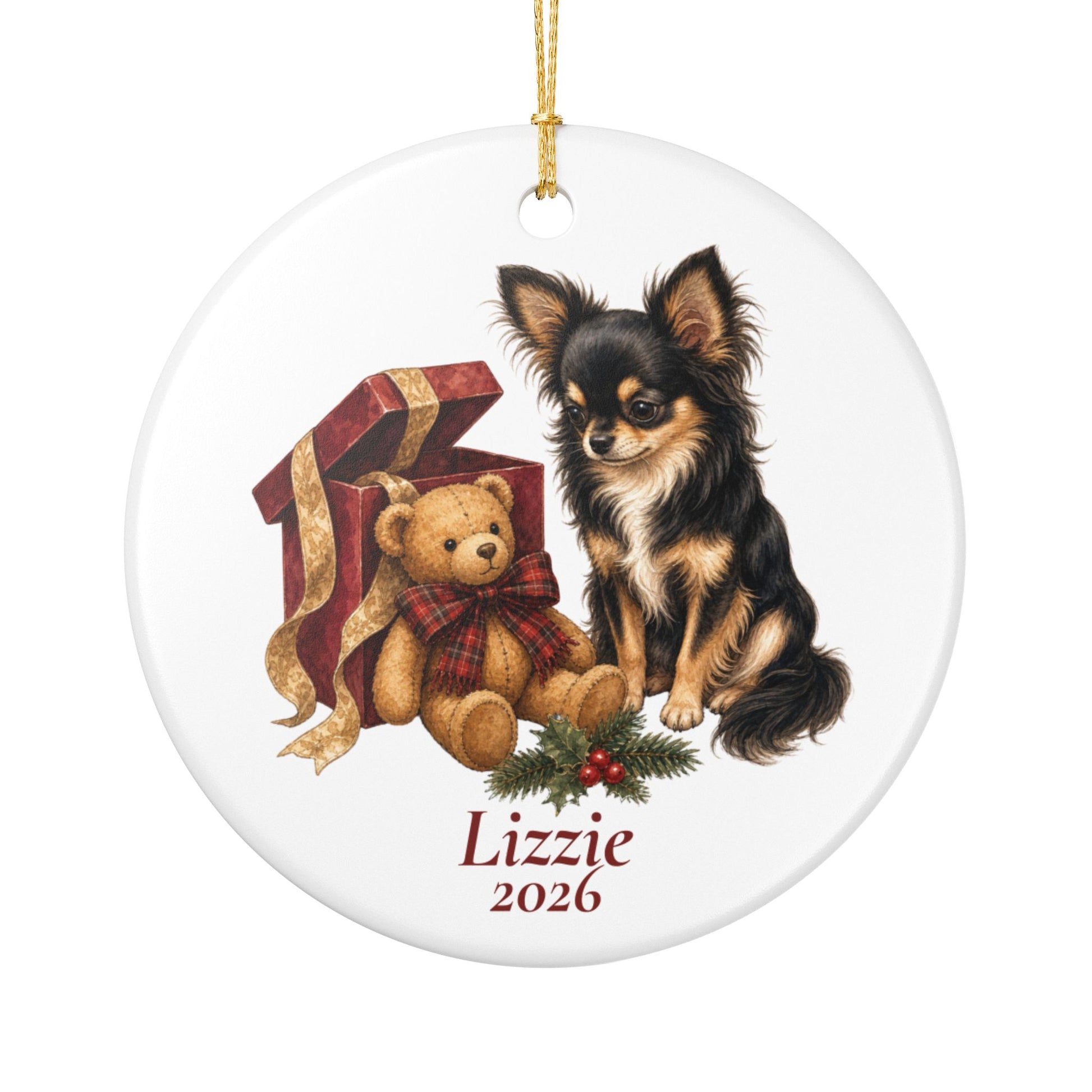 Longhaired Chihuahua (Black and Tan) ornament shown with the gold gift box option