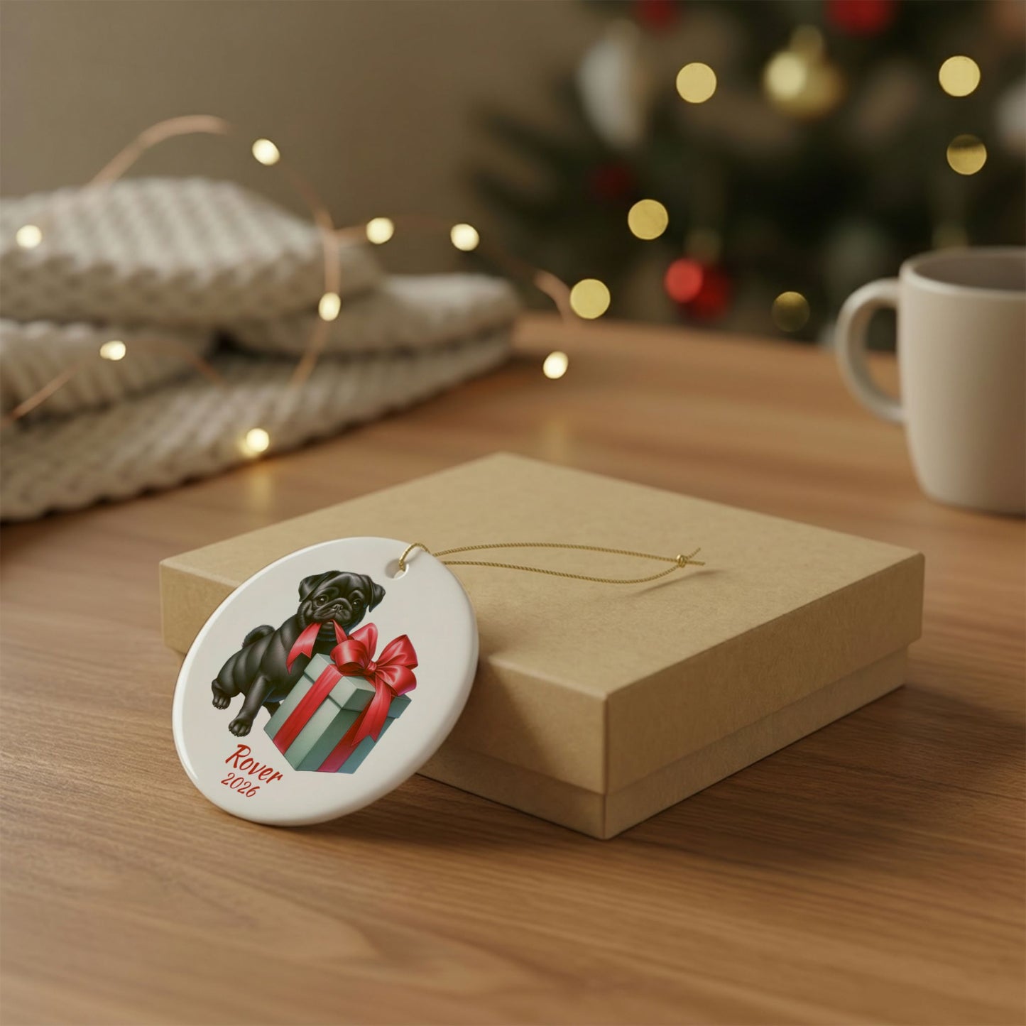 Black Pug ornament shown with the gold gift box option