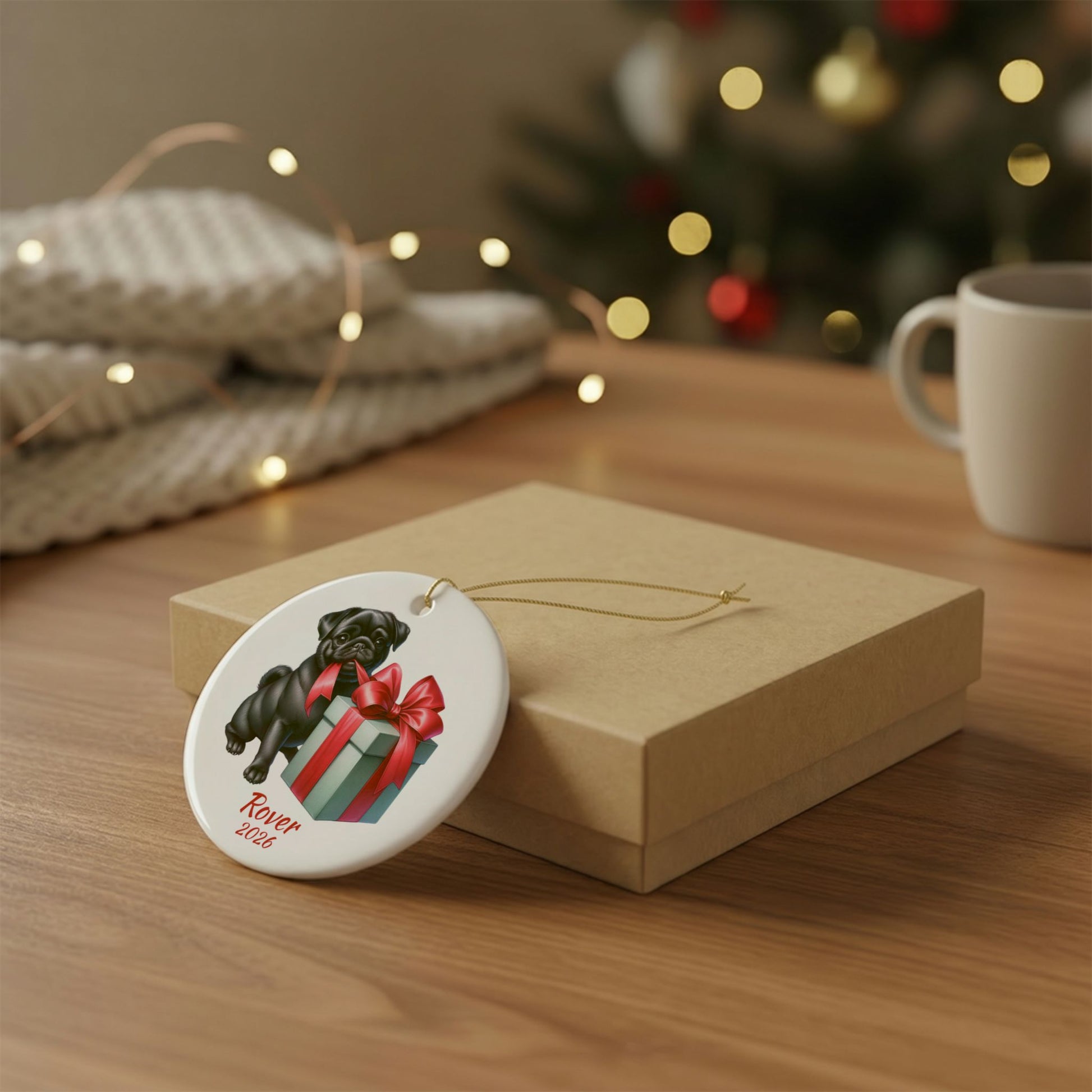 Black Pug ornament shown with the gold gift box option
