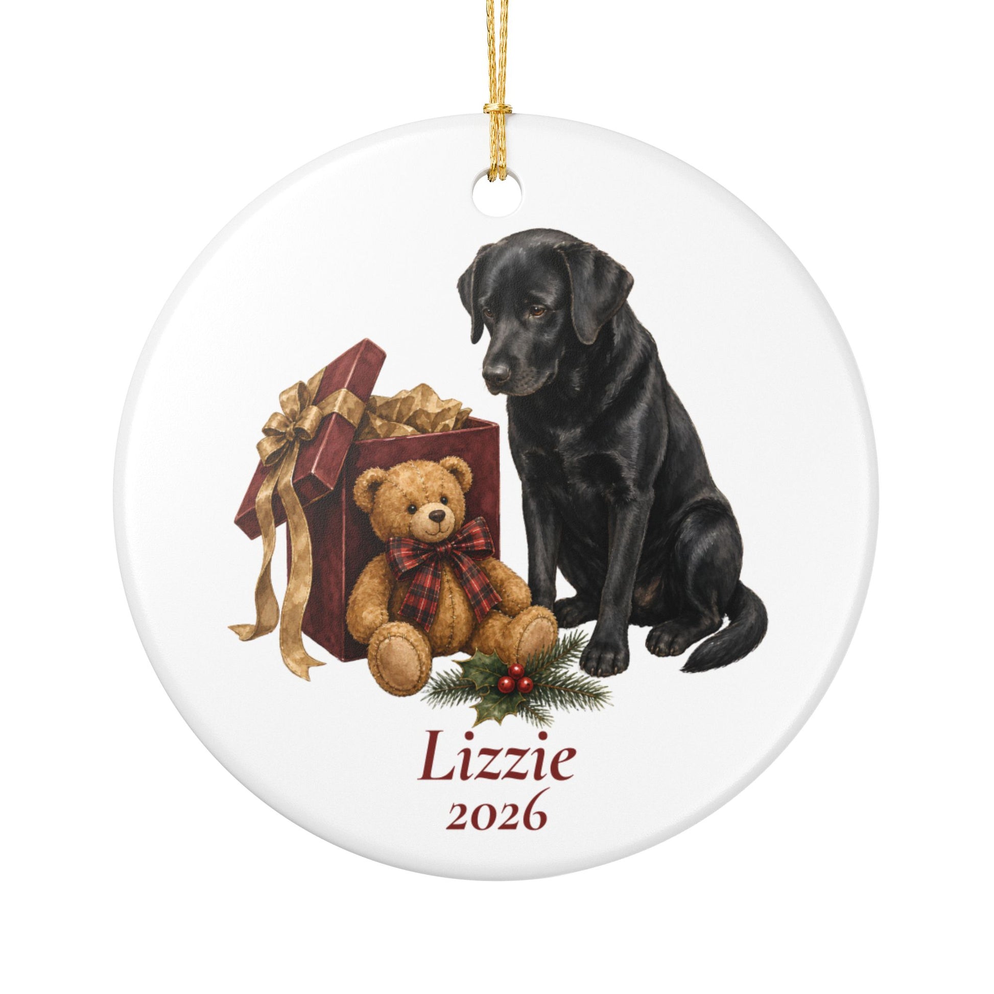 Labrador Retriever (Black) ornament shown with the gold gift box option