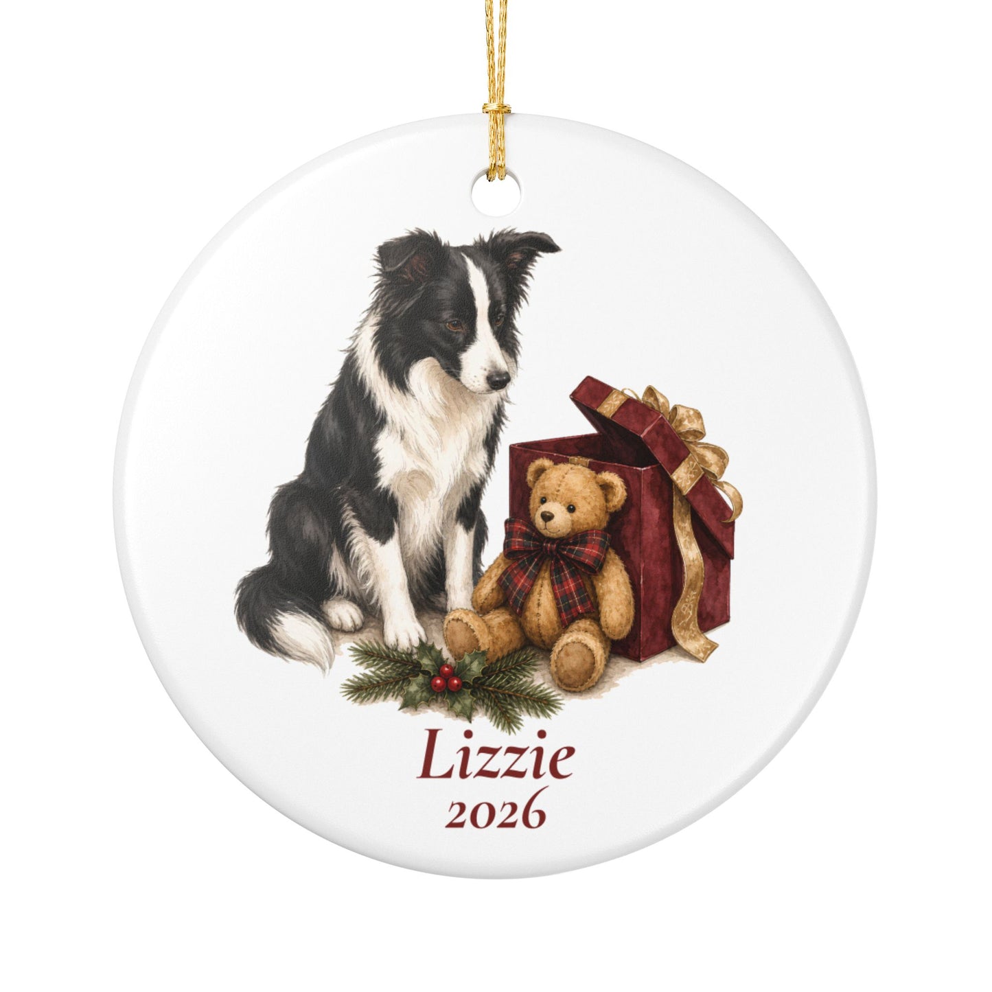 Border Collie ornament shown with the white gift box option