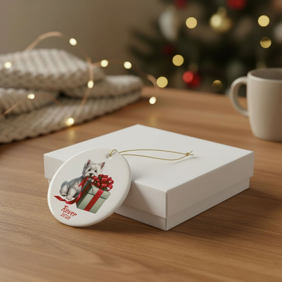 West Highland Terrier ornament shown with the white gift box option