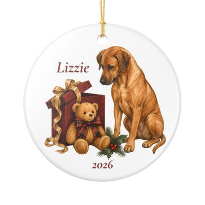 Rhodesian Ridgeback ornament shown with the gold gift box option
