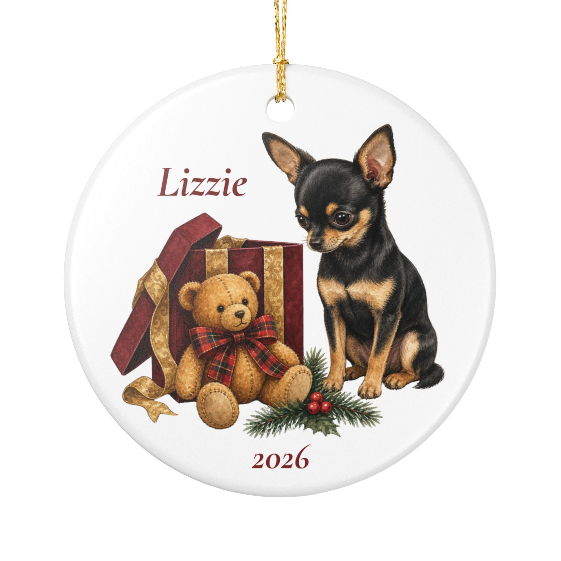 Chihuahua ornament shown with the white gift box option