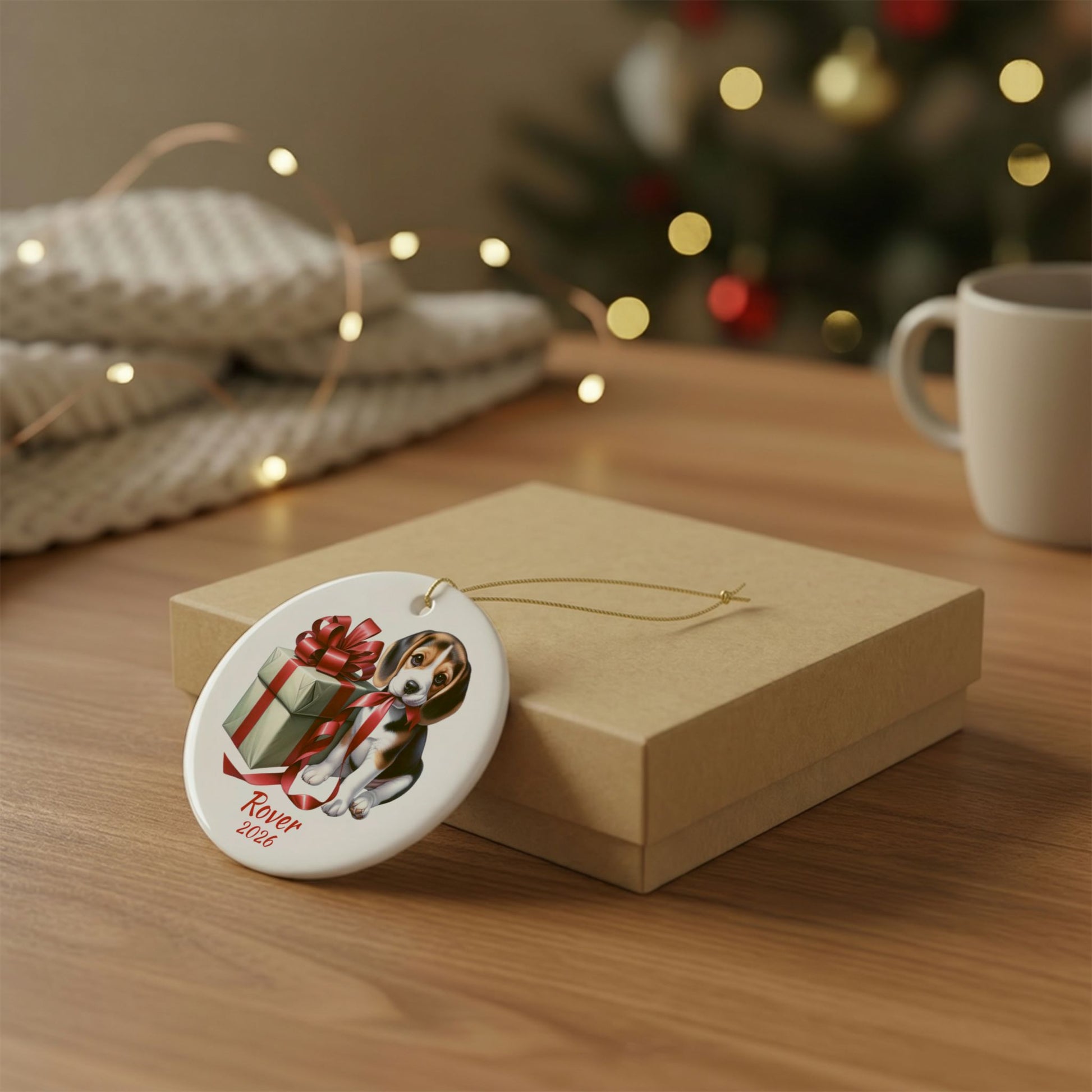 Beagle ornament shown with the gold gift box option