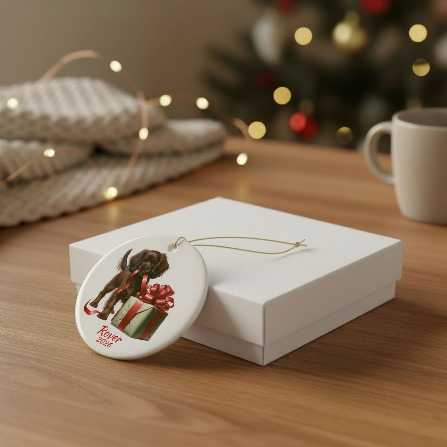 Boykin Spaniel ornament shown with the white gift box option