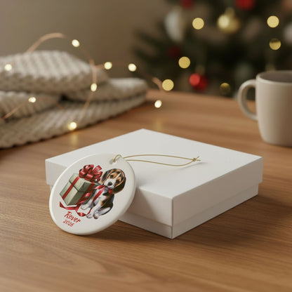 Beagle ornament shown with the white gift box option