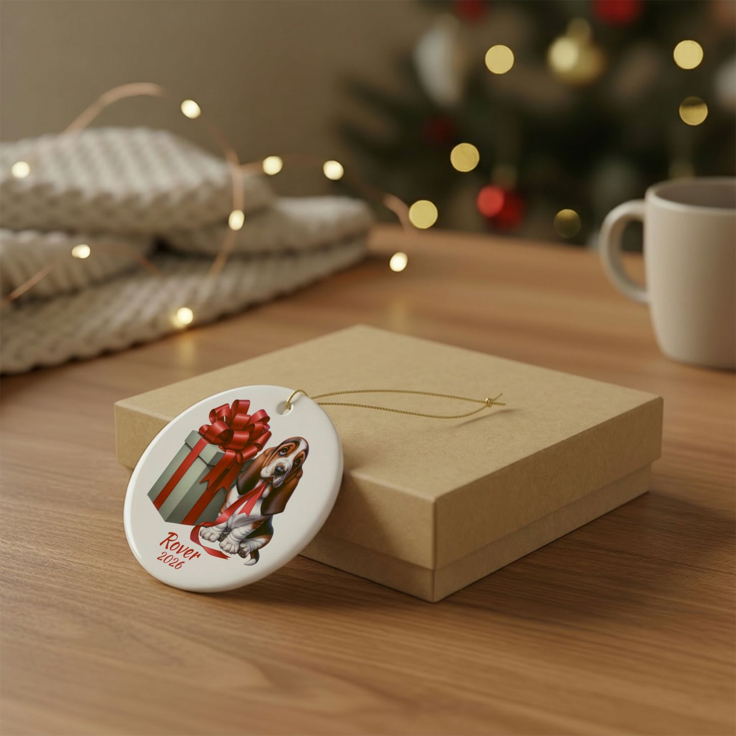 Basset Hound ornament shown with the gold gift box option