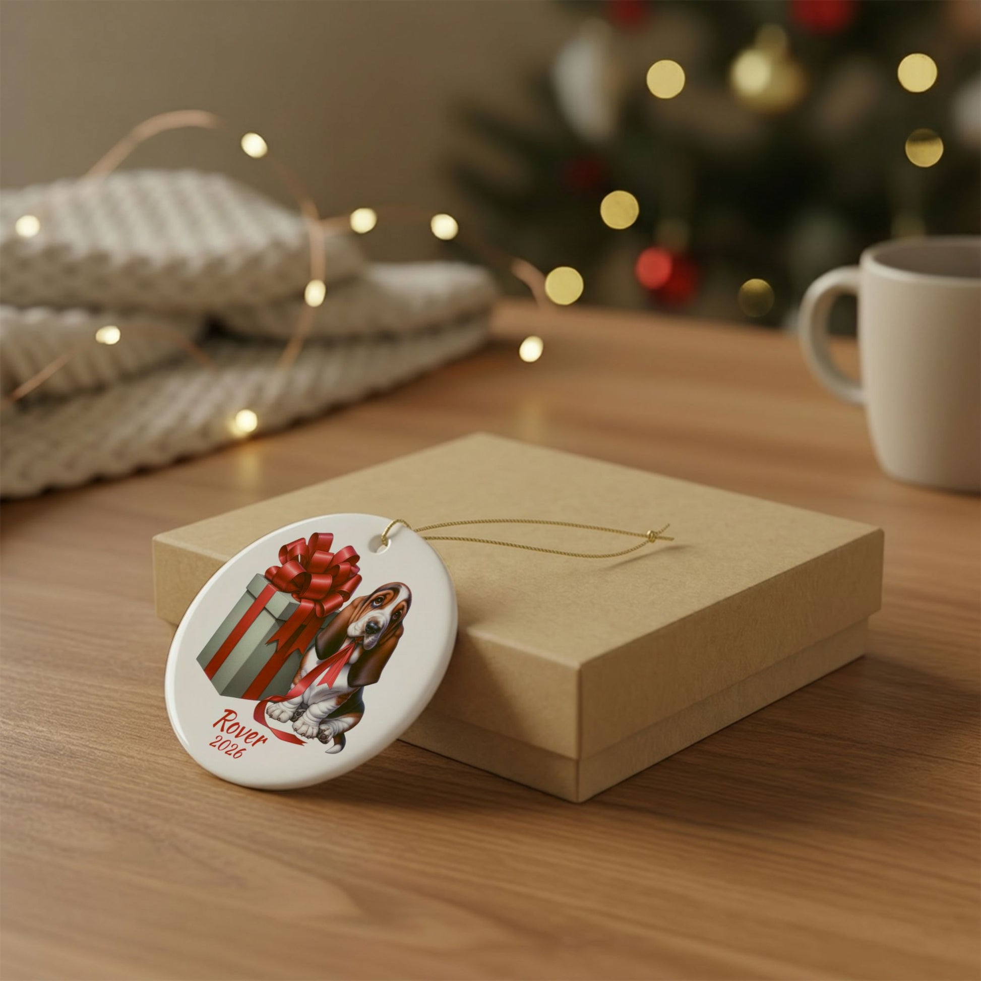 Basset Hound ornament shown with the gold gift box option