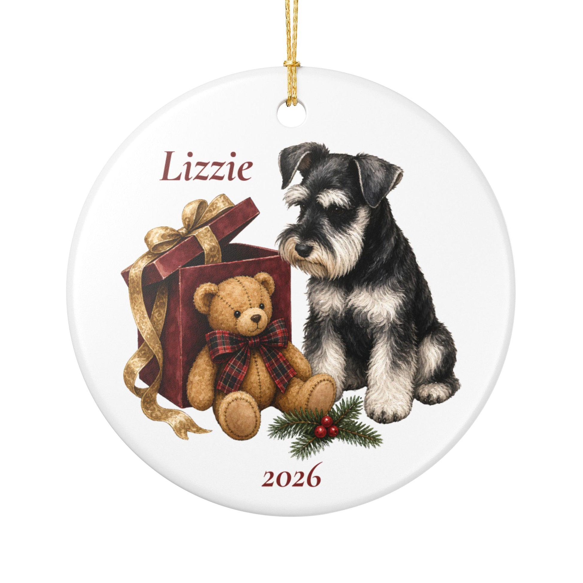 Black Miniature Schnauzer ornament shown with the white gift box option