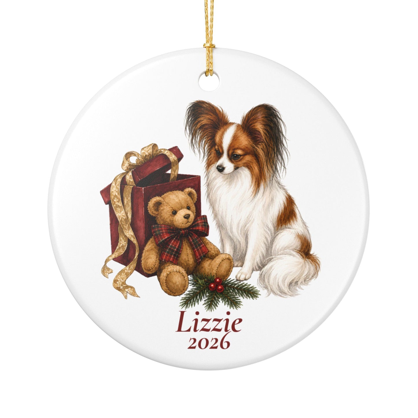 Papillon ornament shown with the white gift box option