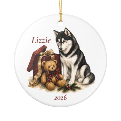 Siberian Husky ornament shown with the gold gift box option