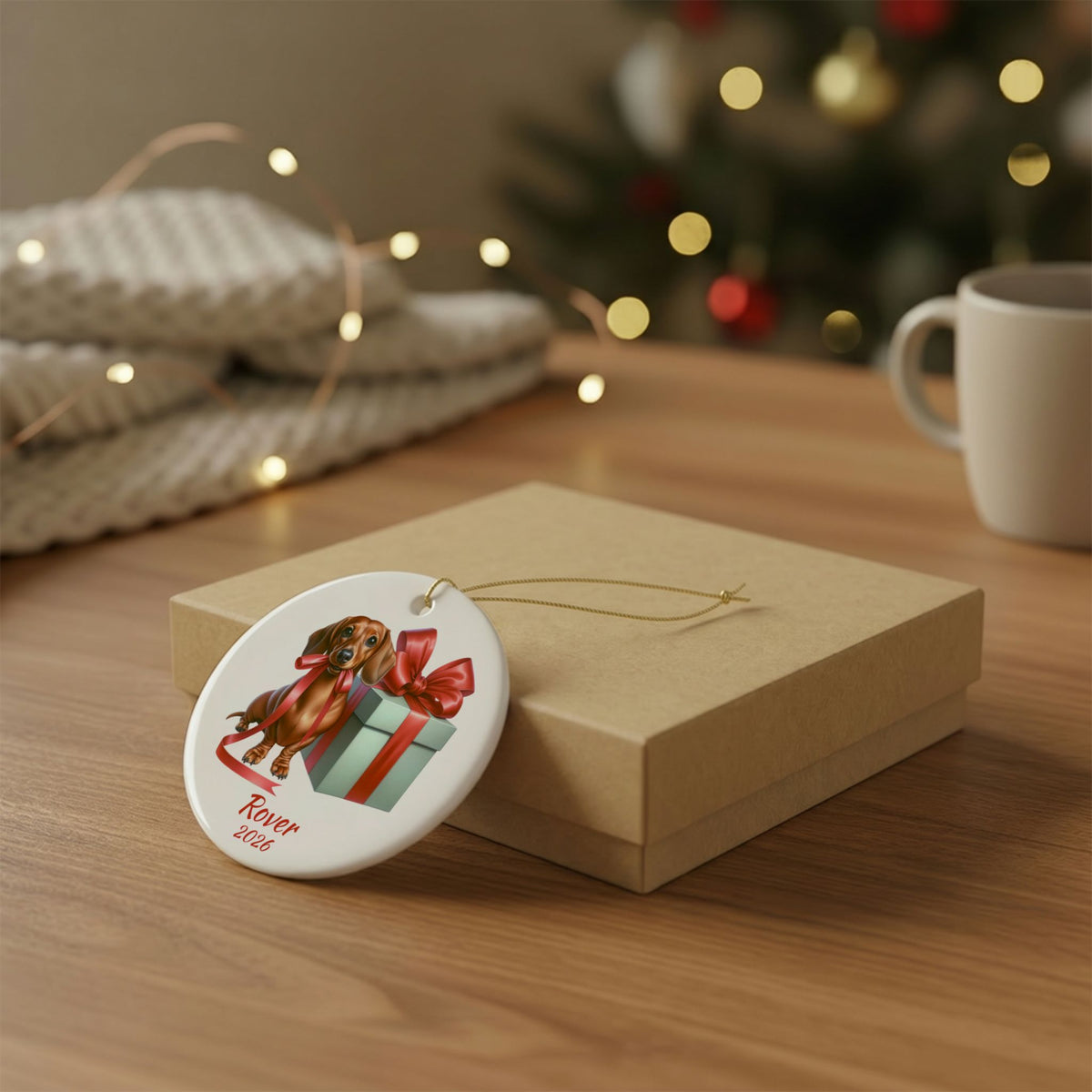 Red Dachshund ornament shown with the gold gift box option