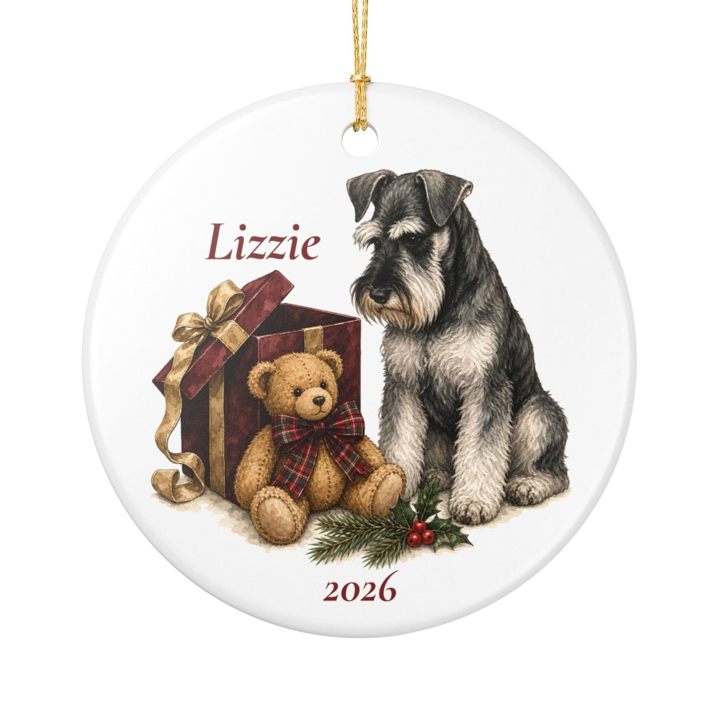 Standard Schnauzer ornament shown with the white gift box option