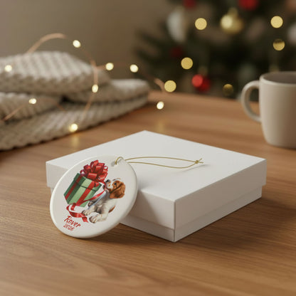 Brittany Spaniel ornament shown with the white gift box option