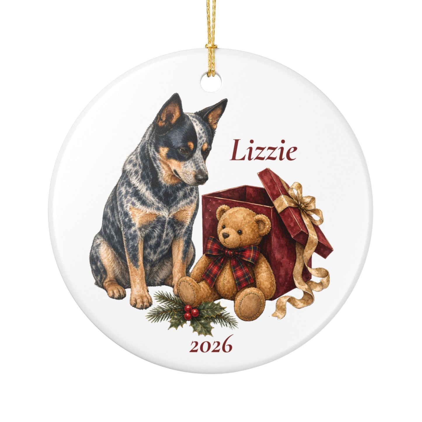 Australian Cattle Dog ornament shown with the gold gift box option